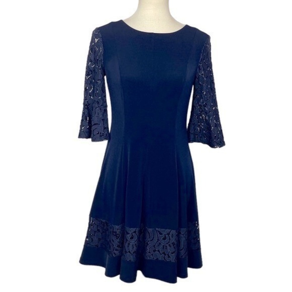 Jessica Howard‎ Dress Womens 0P Petite Navy Blue Lace 3/4 Bell Sleeves Cocktail